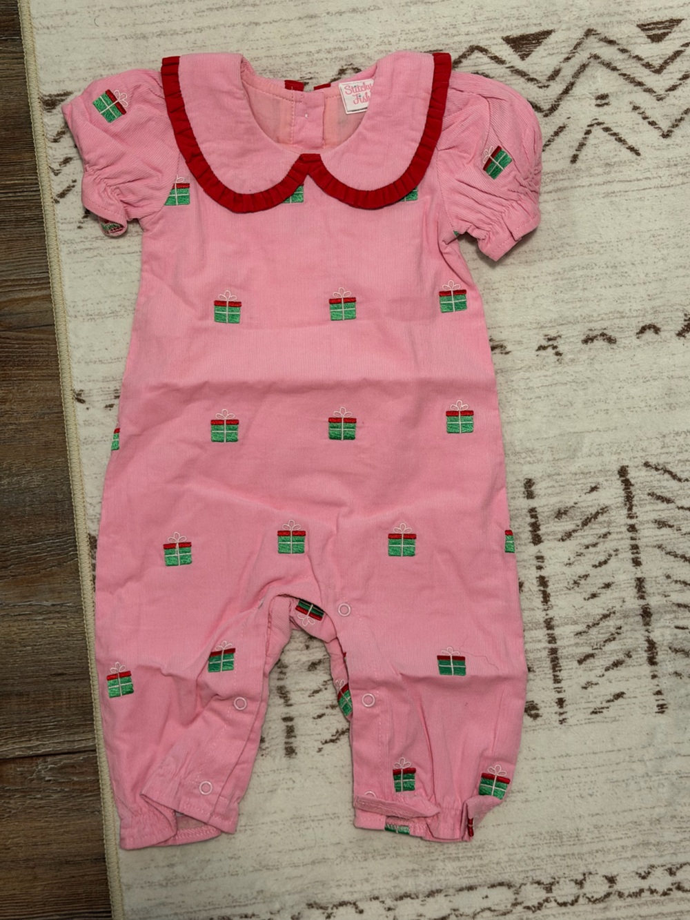 Stitchy Fish Pink Baby Romper with Green & Red Gift Christmas Embroidery NWT